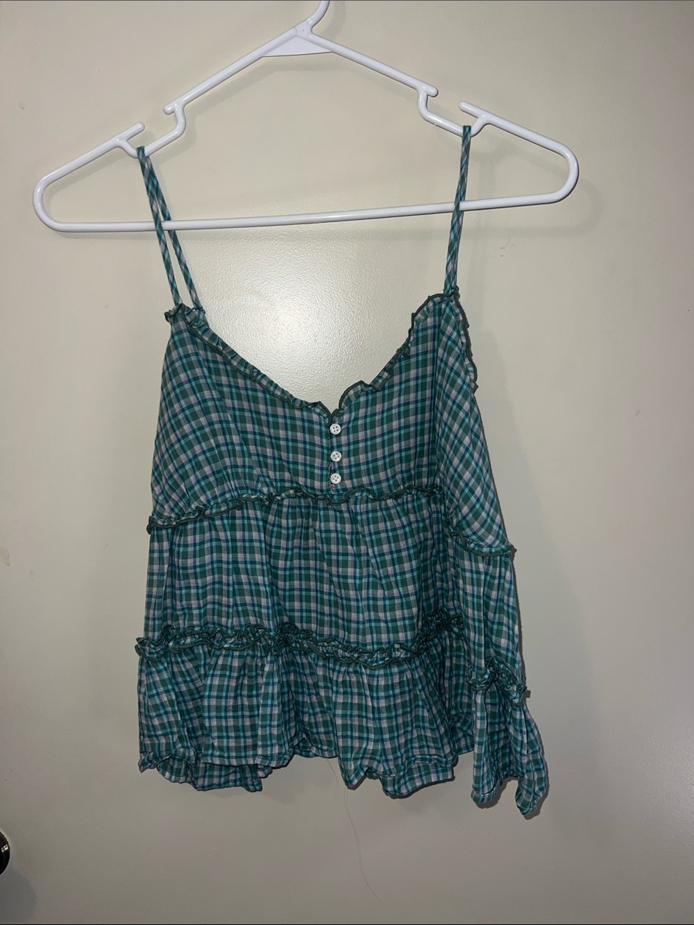 American Eagle Green Plaid Babydoll Top